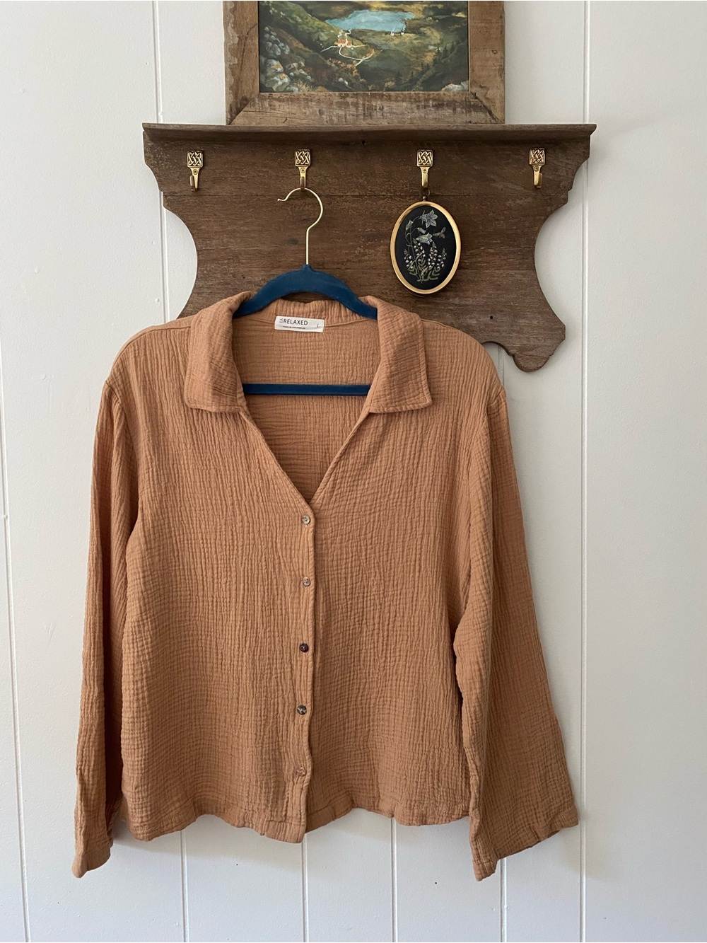LA RELAXED Organic Cotton Gauze Button-Down Shirt in camel brown